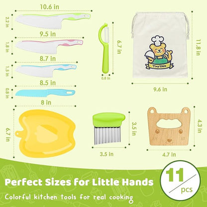 11 Pcs Wooden Kids Kitchen Knife, Kids Knife Set with Cutting Board Fruit Vegetable Crinkle Cutters Serrated Edges Plastic Toddler Knifes for Real Cooking Kid Safe Knives…