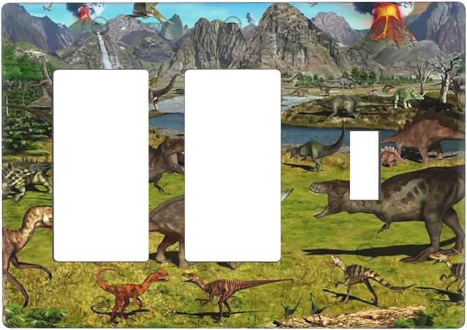 Cute Dinosaur Combo 2 Rocker 1 Toggle Light Switch Wall Plate Cover Decorative 3-Gang for Electrical Outlets Boys Kids Room Bathroom Bedroom Home Kitchen Two Decora Receptacle 4.5" x 6.38"