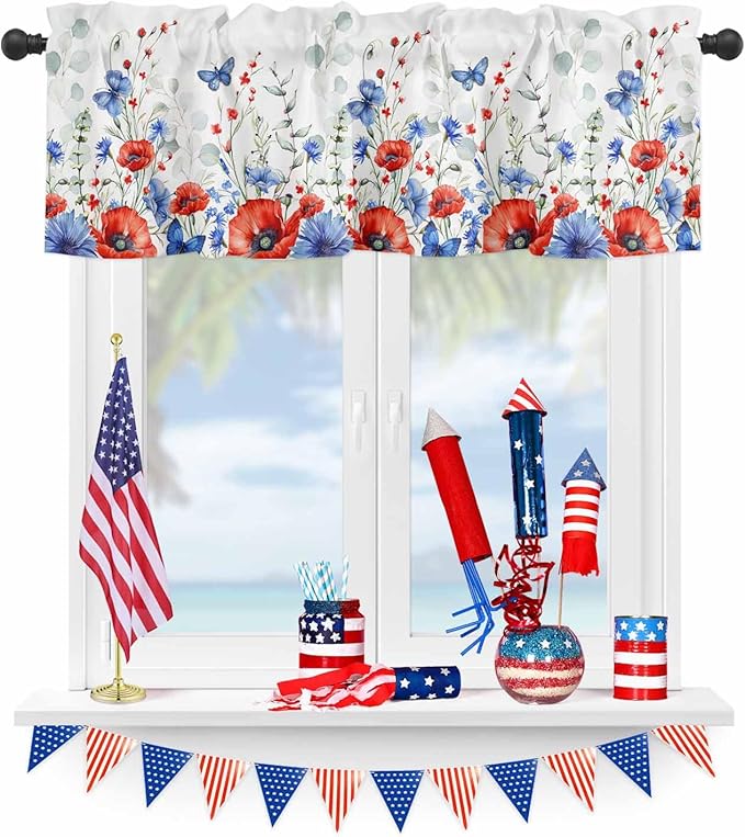 Vandarllin Summer 4th of July Kitchen Curtains Valances for Windows Patriotic Poppy Flowers Eucalyptus Rod Pocket Window Treatment for Kitchen/Living Room/Bedroom/Bathroom, 42" X 12", Blue Red