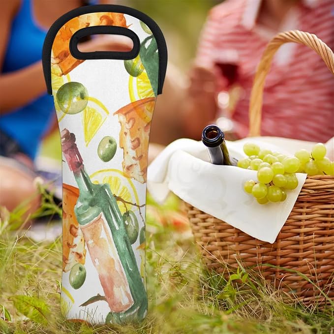 Watercolor Wine Carrier Tote, Neoprene Wine Tote Bag 750ML, Portable Wine Bottle Carrier Tote Holders for Wine Beer Cans Water, 1-Bottle Protector for Home Travel and Picnic