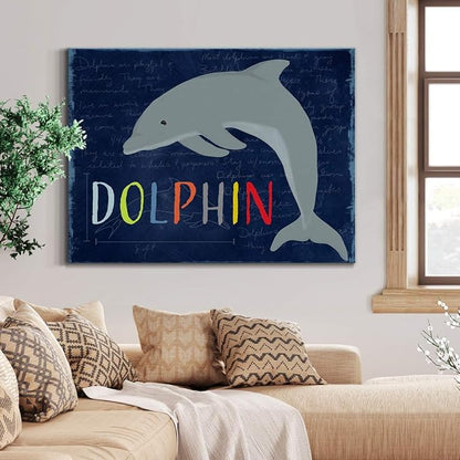 Renditions Gallery Canvas Animal Wall Art Home Paintings & Prints Blue Playful Dolphin Modern Abstract Vibrant Canvas Wall Hanging Decorations for Kids Bedroom Nursery - 32"x48" LT33