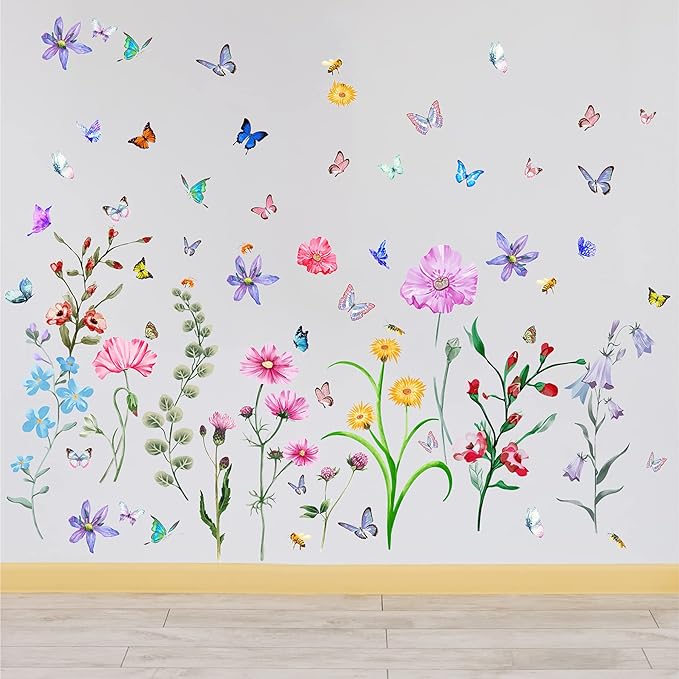 Colorful Flower Wall Stickers with Butterfly and Bee 58 Pcs Removable Flower Wall Decals DIY Peel and Stick Art Wall Decor Mural for Nursery Baby Kids Bedroom Living Room Kitchen Home Decoration