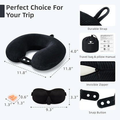 Travel Pillow, Neck Pillow Airplane Memory Foam with Sleep Mask Earplugs, Soft & Support Fleece Airplane Pillow for Travelling Plane Car Train Home Use, Black