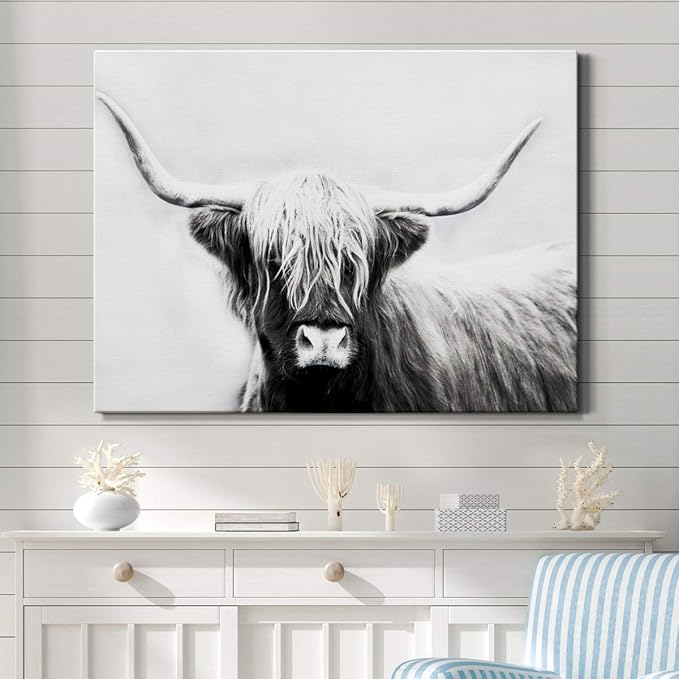 Renditions Gallery Canvas Animal Wall Art Home Paintings & Prints Highland Longhorn Cow Modern Black & White Glam Horror Artwork Decorations for Bedroom Office Kitchen - 24"x36" LT33