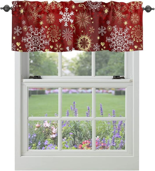 Vandarllin Christmas Kitchen Curtains Valances for Windows Snowflake Pattern Rod Pocket Window Treatment for Kitchen/Living Room/Bedroom/Bathroom,42" X 18" -1 Panel, Gold White