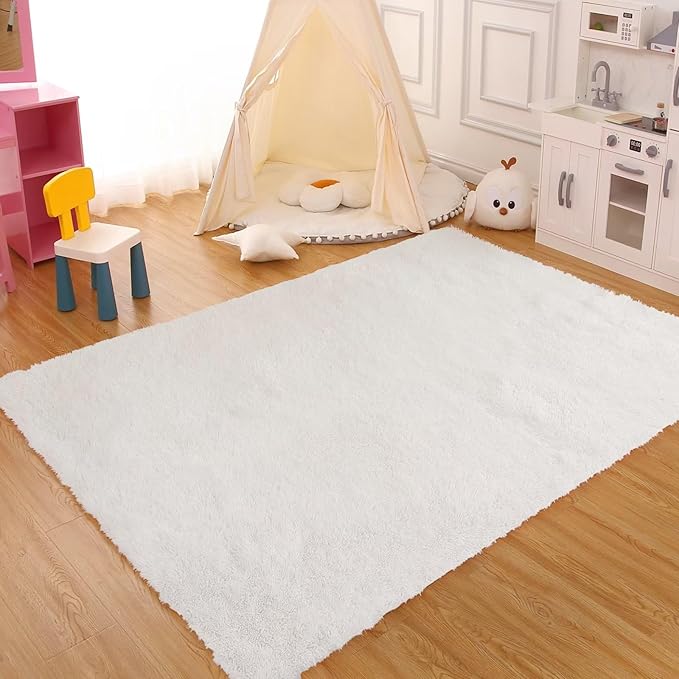 5x8 Large Area Rugs for Living Room, Super Soft White Fluffy Bedroom Carpet Rug, Indoor Modern Solid Shaggy Rugs, Plush Non Slip Floorcover Mat for Nursery Girls Room Kitchen Home Decor Rug