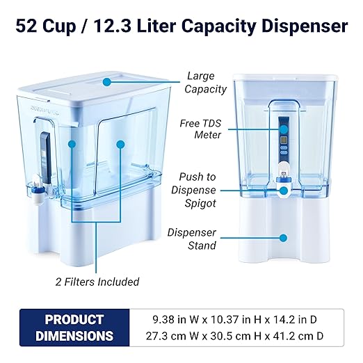 ZeroWater 52-Cup Ready-Read 5-Stage Water Filter Dispenser with Instant Read Out & 12-Cup Ready-Pour 5-Stage Water Filter Pitcher 0 TDS for Improved Tap Water Taste