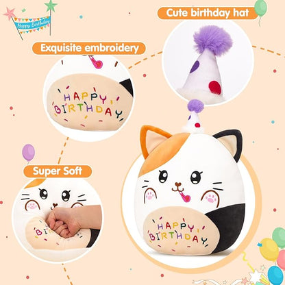 14” Birthday Cat Plush Pillow,Cute Cat Birthday Stuffed Animal,Kawaii Cat Plushie,Cat Happy Birthday Pillow,Soft Cat Plush Toy Decor Birthday Gift for Kids Toddlers Girls Boys (Calico Cat)