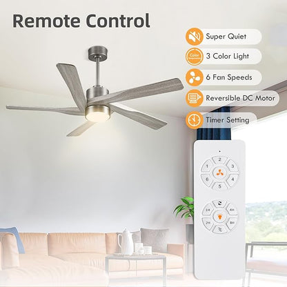 WINGBO 64" ABS DC Ceiling Fan with Lights, 5 Blade ABS Wood Grain Ceiling Fan with Remote, 6-Speed Reversible DC Motor, LED Ceiling Fan for Kitchen Bedroom Living Room, Antique Nickel and Grey