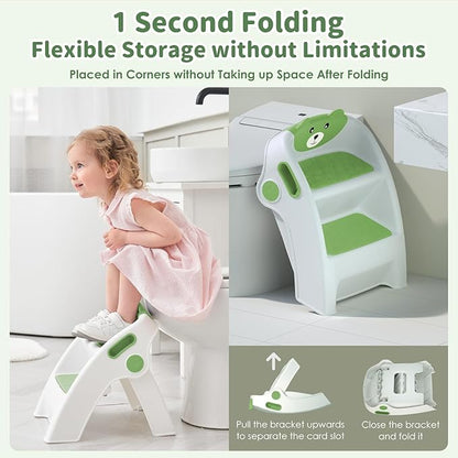 Toddler Step Stool Foldable 2 Step Stool for Kids Collapsible Stool Anti-Slip Stepping Stool for Bathroom Sink Potty Toilet Toddler Kitchen Stool Helper (Green)