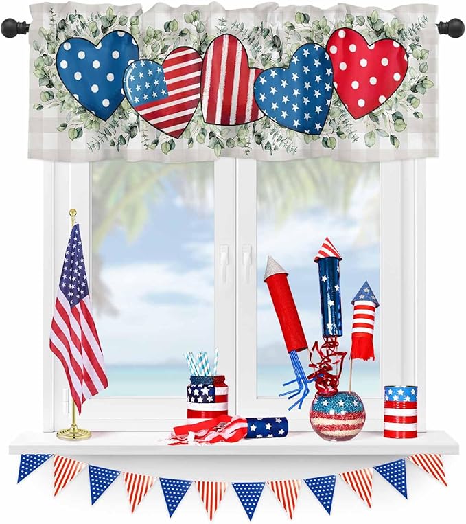 Vandarllin Eucalyptus 4th of July Kitchen Curtains Valances for Windows Patriotic American Flag Stars Rod Pocket Window Treatment for Kitchen/Living Room/Bedroom/Bathroom, 42" X 12", Grey Gingham