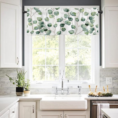 Watercolor Eucalyptus Vine leaves Valance Curtains for Windows-Summer Green White Rod Pocket Window Topper Treatments Simi Sheer Short Curtains for Kitchen Bedroom Living Room,54" X 18" -1 Panel,