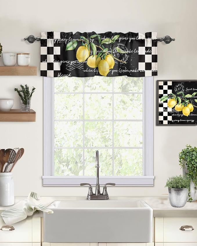 Vandarllin Summer Tropical Lemon Kitchen Curtains Valances for Windows Buffalo Plaid Black White Rod Pocket Window Treatment for Kitchen/Living Room/Bedroom/Bathroom,60" X 18" -1 Panel,