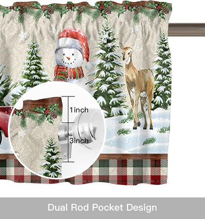 Vandarllin Christmas Farmhouse Kitchen Curtains Valances for Windows Snowman Farm Red Truck Rod Pocket Window Treatment for Kitchen/Living Room/Bedroom/Bathroom,42" X 18" -1 Panel, Winter Holiday