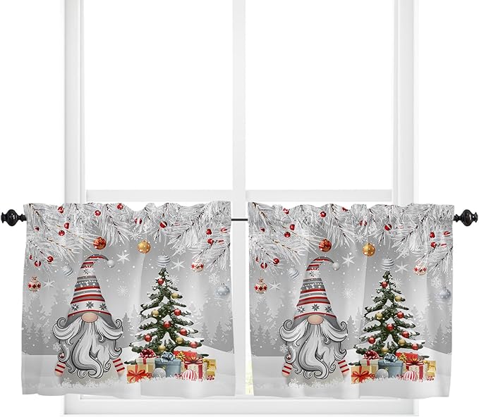 Vandarllin Christmas Gnome Kitchen Curtains and Valances Set, Winter Merry Christmas Tree Balls Windows Treatments Tiers Half/Short Curtains for Small Windows Cafe/Living Room/Bedroom 54x24 in Grey