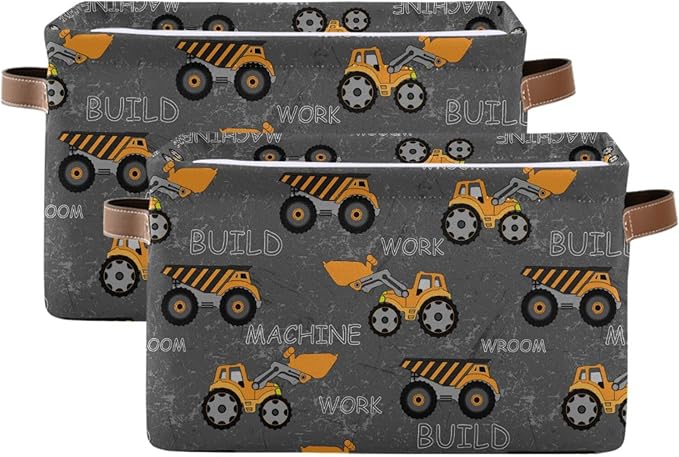 Construction Truck Excavator Storage Basket Fabric Toys Baskets Build Work Machine Boys Open Home Storage Bins Boxes Foldable Organizer Bag for Baby Cloth Toy Book Shelf Closet Baskets 16×12×8 Inches