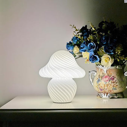 Mushroom Lamp, Small White Table Lamp with Striped Glass, Cute Little Swirl Nightstand Lamp for Bedroom Bedside Dorm Living Kitchen, Murano Style Aesthetic Kawaii Lamp for Home Decor Gift