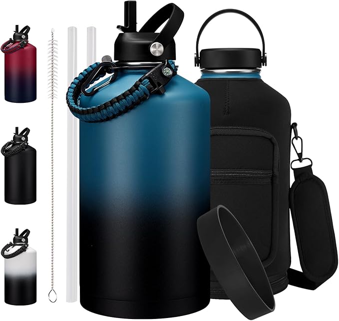 1 Gallon Water Bottle Insulated - with Straw & Flex Cap Lid, Paracord Handle, Bottle Sleeve with Strap, BPA Free & Leak Proof Big Metal Water Canteen, 128 oz Stainless Steel Water Jugs for Sports Gym