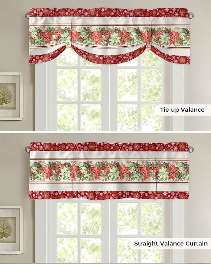 Watercolor Poinsettia Christmas Blackout Tie Up Valance Curtains for Kitchen Windows Red Xmas Winter Holiday Window Toppers Balloon Shades for Living Room/Bathroom/Bedroom,42" X 12", Gold White