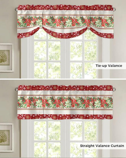 Watercolor Poinsettia Christmas Blackout Tie Up Valance Curtains for Kitchen Windows Red Xmas Winter Holiday Window Toppers Balloon Shades for Living Room/Bathroom/Bedroom,42" X 12", Gold White