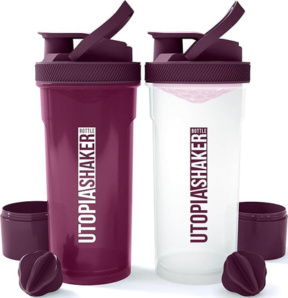 Utopia Home Shaker Bottle 2 Pack - 24 Ounce Plastic Protein or Cocktail Shaker Bottle for Pre & Post workout with Twist & Lock Protein Box Storage (All Plum & Clear/Plum)