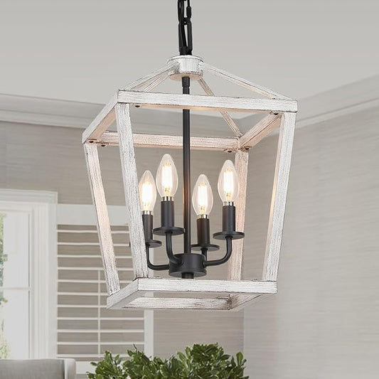 4 Light Rustic Chandelier, Farmhouse Lantern Fixture with Brushed White Oak Cage and Adjustable Chain, E12 Base Geometric Hanging Light Fixture Ceiling lighting for Entryway Kitchen Island, Indoor Use