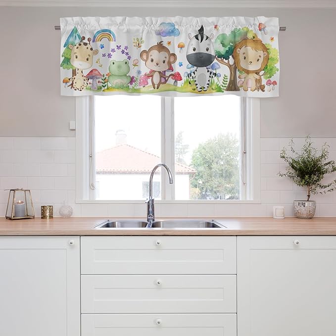 Woodland Animals Rainbow Valances 54''x18'' Baby Toddler Nursery Bedroom Decor Short Curtains Lion Giraffe Zebra Monkey Frog Forest Rod Pocket Window Drapes for Kitchen Barthroom Living Room 1 Pack