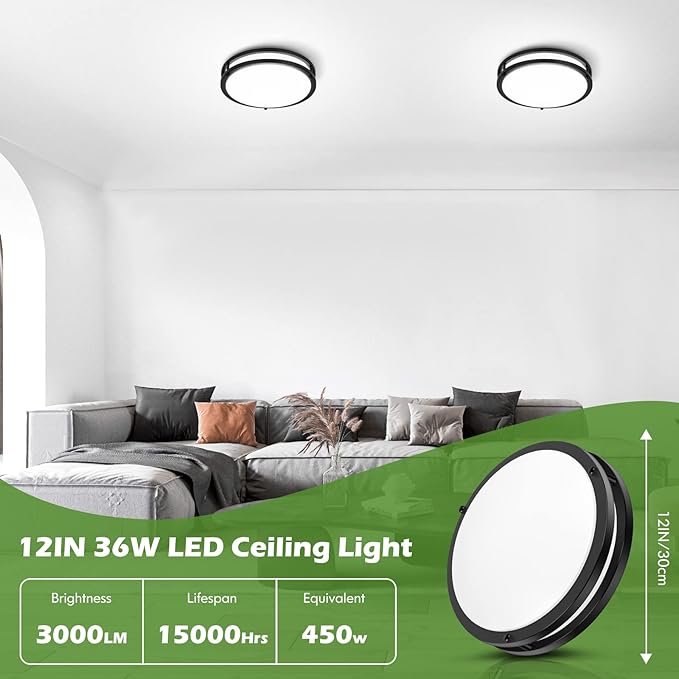 12 Inch Flush Mount Ceiling Lights, 36W 3000LM Black Dimmable Light Fixtures Ceiling Mount, 3000K-5000K Selectable Modern Kitchen Light Fixtures for Stairwell, Balcony, Corridor, Laundry (2-Pack)