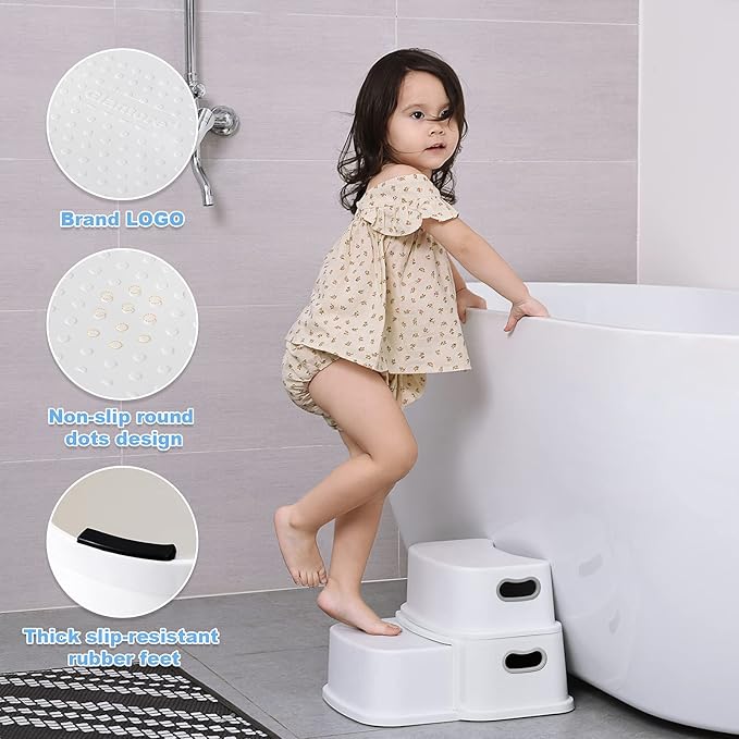 2 Step Stool for Toddlers, Anti-Slip Sturdy Toddler Step Stool for Bathroom Sink, Toilet Potty Training, Bathroom, Kitchen (White)