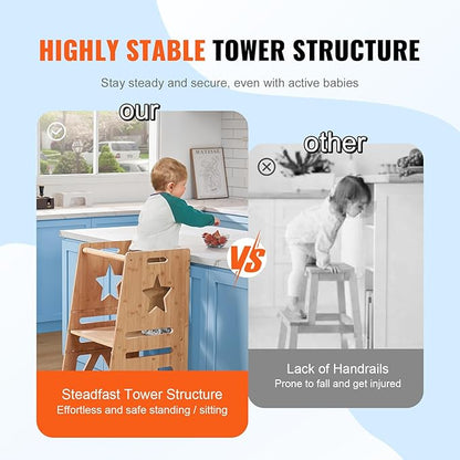 VEVOR Tower Step Stool, 3-Level Height Adjustable Toddler Step Stools for Kids, Kitchen Stool Helper, Bamboo Kids Standing Tower Learning Stool with Safety Rail for Kitchen Counter Bathroom, 350LBS