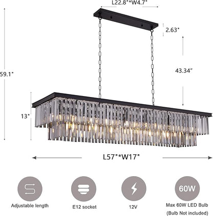 Wellmet Black Chandelier 57 inch, 13-Light Modern Rectangular Crystal Chandelier Ceiling Hanging, Smoke Grey Linear Chandeliers Light Fixture for Living Room, Dining Room, Bedroom, Kitchen Island