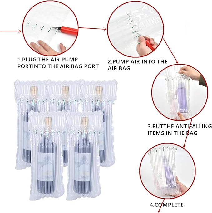 15 Packs Wine Bottle Protector Bags for Travel, goldhik Inflatable Packaging Bubble Wrap Bags for Wine Fruit Glass Bottle, Inflatable Air Column Cushion Bags with Free Pump