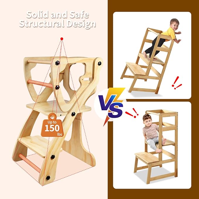 2 in 1 Toddler Kitchen Step Stool, Kids Standing Learning Tower, Wooden Child Kitchen Stool Helper Adjustable Height with Safety Rails