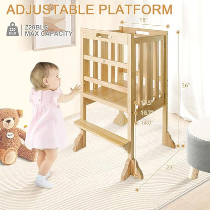 WOOD CITY Kitchen Step Stool Helper - Montessori Foldable Standing Tower for Toddlers with Safety Rail, Height Adjustable Ideal Helper for Learning New Skills, Natural Pure Pine Wood (Natural)