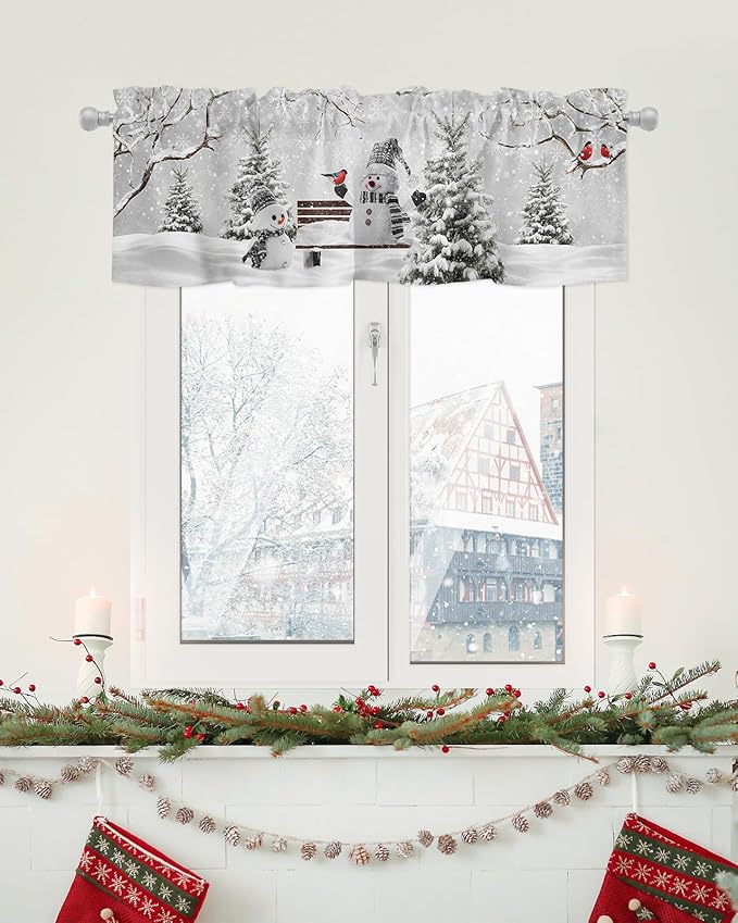 Winter Christmas Valance Curtains for Kitchen Windows Cute Snowman Cardinals Rod Pocket Window Treatment Toppers for Kitchen/Living Room/Bedroom/Bathroom, 60" X 18", GreySnowy Pine Forest