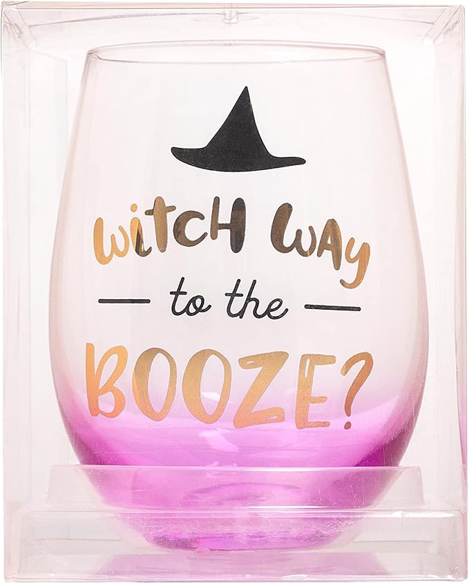 Pearhead Witch Way to the Booze Wine Glass, Fall Holiday Home Accessories, Halloween Stemless Wine Glass, 15 oz