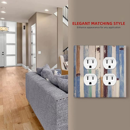 Vintage Wood Texture Farmhouse Decorative 2 Gang Duplex Outlet Cover Wall Plate Double Switch Two for Electrical Kitchen Living Room Bedroom Bathroom Home Novelty Decorate