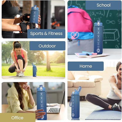 1L Water Bottle with Straw - Leak-Proof & BPA Free Reusable Sports Bottle - Motivational Time Markings for Hydration Durable Drink Bottle for Gym, Sports, Outdoor (Blue)