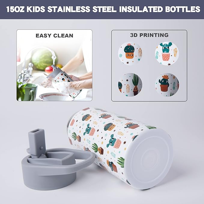 15oz Cactus Insulated Stainless Steel Water Bottle With Straw & Brush, Christmas Birthday Gifts for School - Hand Wash Only