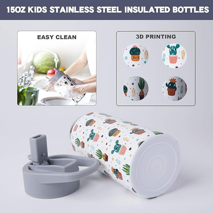 15oz Cactus Insulated Stainless Steel Water Bottle With Straw & Brush, Christmas Birthday Gifts for School - Hand Wash Only