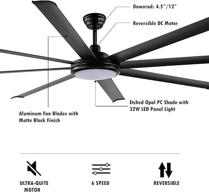 WINGBO 64" Ceiling Fan with Lights and Remote Control, Matte Black Ceiling Fan, 8 Reversible Blades, 6-Speed Noiseless DC Motor, Modern Ceiling Fan for Kitchen Bedroom Living Room, ETL Listed