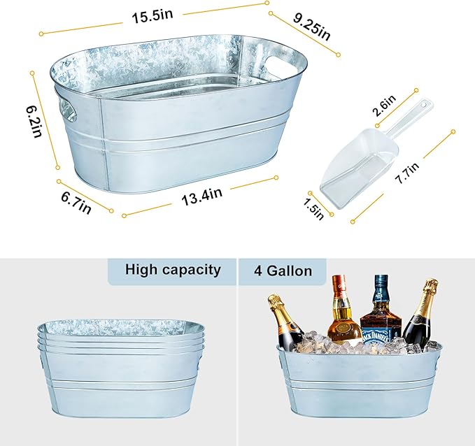 4 Pack Galvanized Metal Ice Buckets, 4 Gallon Large Ice Buckets for Parties Wine Beverage Tub with Carry Handle for Home/Bar Beer Champagne Cocktails Cooling Supplies