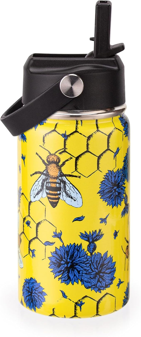 12oz Kids Insulated Water Bottle with Flip Straw & Big Handle, Bees & Flowers, Double Wall 18/8 Stainless Steel, Leakproof Gift for Kids Boys Girls to School Travel Sports, Hands Wash Only, Yellow