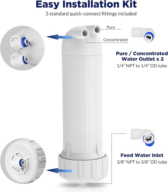 Membrane Solutions 400 GPD RO Membrane, Reverse Osmosis Membrane with Membrane Housing, 1/4" Quick-Connect Fittings, Check Valve, Replacement for Under Sink Home Drinking RO Water Filter System