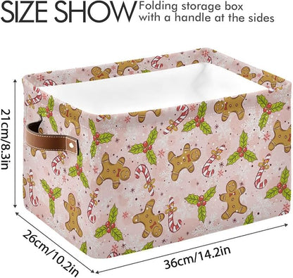 Christmas Gingerbread Man Pink Storage Basket Fabric Kitchen Baskets Candy Cane Poinsettia Winter Open Home Storage Bins Boxes Foldable Organizer Bag for Xmas Decorations Baskets 16×12×8 Inches