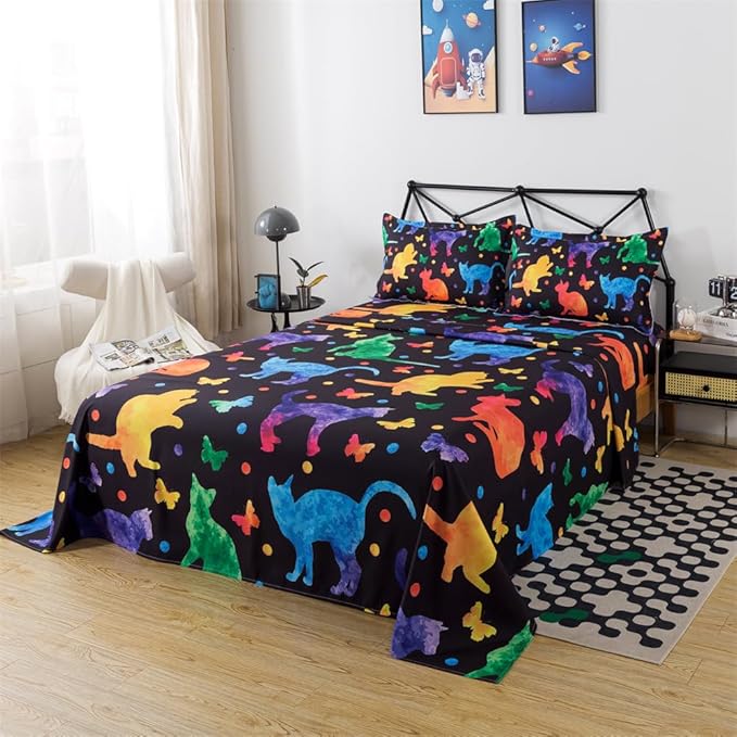 qjmiaofang Cat Sheets Queen Multi Color Sheet Set Candy Cat Fitted Sheet Cute Black Cat Bedding Set for Kids 4Pcs Colorful Butterfly Printed Bed Set for Home 1 Fitted Sheet 1 Flat Sheet 2 Pillowcases