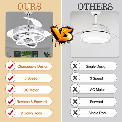 42" Retractable Ceiling Fan with Lights & Remote - Silent DC Motor Modern Ceiling Fan - 6 Speed LED Fan for Bedroom living room Kitchen