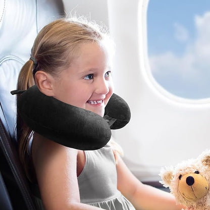 Neck Pillow Airplane, Kids Travel Pillow Memory Foam, Soft & Support Travel Neck Pillow for Travelling Sleeping Plane Car Train and Home Use, Black