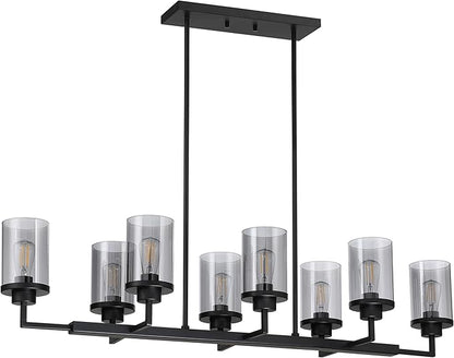 8 Light Linear Kitchen Island Lighting,Grey Glass Modern Industrial Chandelier,Black Finish Rectangular Pendant Light Fixtures for Farmhouse Kitchen Dining Room Bar Foyer