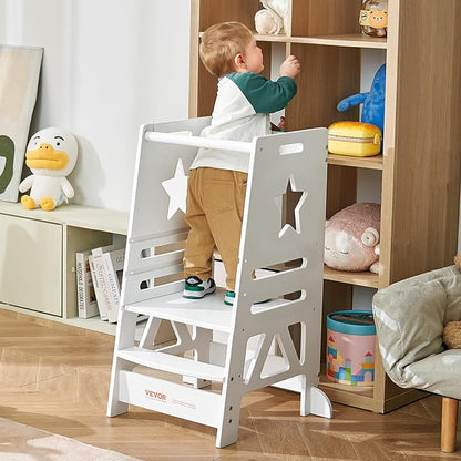 VEVOR Bamboo Tower Step Stool for Kids and Toddlers, 3-Level Height Adjustable Bamboo Toddler Kitchen Step Stool, 350LBS Loading Tower Stool with Safety Rail for Kitchen Counter Bathroom, White